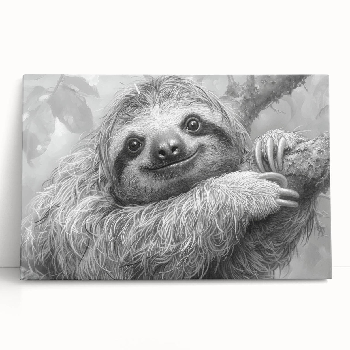 Sloth-themed wall art featuring a vibrant, colorful design on stretched canvas, showcasing a playful sloth amidst lush green foliage, perfect for animal lovers.