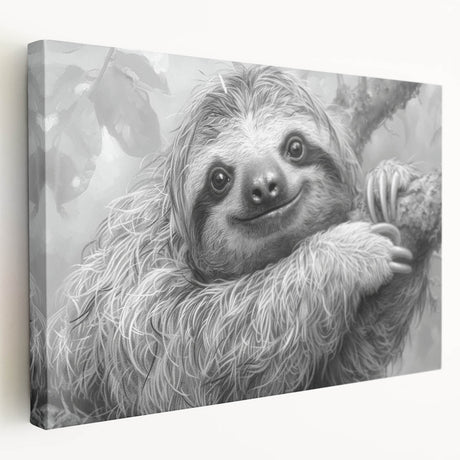 Side view of a stretched canvas wall art featuring a whimsical sloth design among vibrant tropical foliage, perfect for animal lovers and home decor enthusiasts.