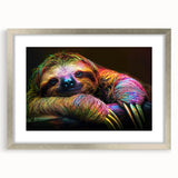 Framed wall art featuring a whimsical sloth design, set in a silver frame with a white mat, ideal for animal lovers seeking unique home decor.