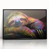 Framed sloth wall art design featuring a vibrant, colorful illustration of a sloth hanging from a branch, set against a black background, ideal for animal lovers.