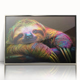 Framed wall art featuring a sloth design, showcasing vibrant colors and intricate details, presented in a sleek silver frame for modern decor. Perfect for animal lovers and nature enthusiasts.