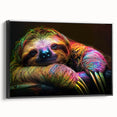 Framed wall art featuring a sloth design in a vibrant, colorful style, set against a sleek black frame, perfect for animal lovers and home decor enthusiasts.