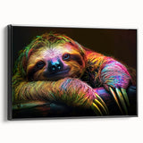 Framed wall art featuring a sloth design in a vibrant, colorful style, set against a sleek black frame, perfect for animal lovers and home decor enthusiasts.