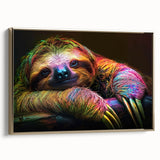 Framed canvas wall art showcasing a sloth design with a gold frame, ideal for nature lovers. The artwork features vibrant colors and intricate details, adding a whimsical touch to any room decor.
