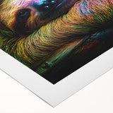 Rolled canvas wall art showcasing a whimsical sloth design amidst tropical foliage, perfect for nature lovers and animal-themed decor, elegantly packaged for delivery.