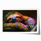 Sloth-themed wall art print featuring a colorful, detailed illustration of a sloth hanging from a branch, designed to add a whimsical touch to any room.