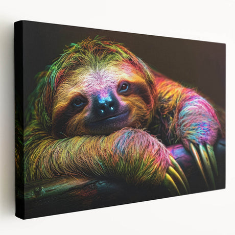 Colorful stretched canvas wall art depicting a sloth hanging from a branch, showcasing vibrant greens and earthy tones, perfect for wildlife enthusiasts.