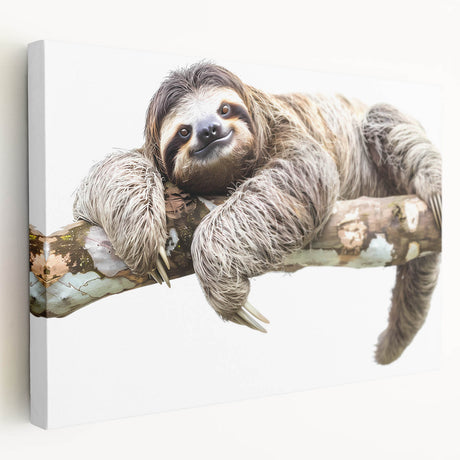 Side view of a stretched canvas wall art featuring a whimsical sloth design, showcasing vibrant colors and playful details, perfect for animal lovers and home decor.