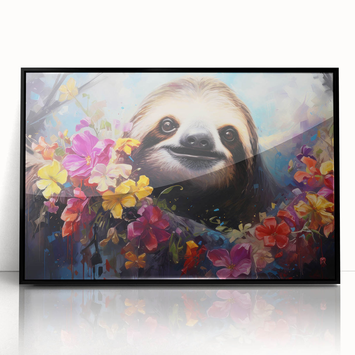 Framed wall art featuring a sloth design on acrylic, showcasing vibrant colors and a sleek black frame, perfect for animal-themed decor in modern interiors.