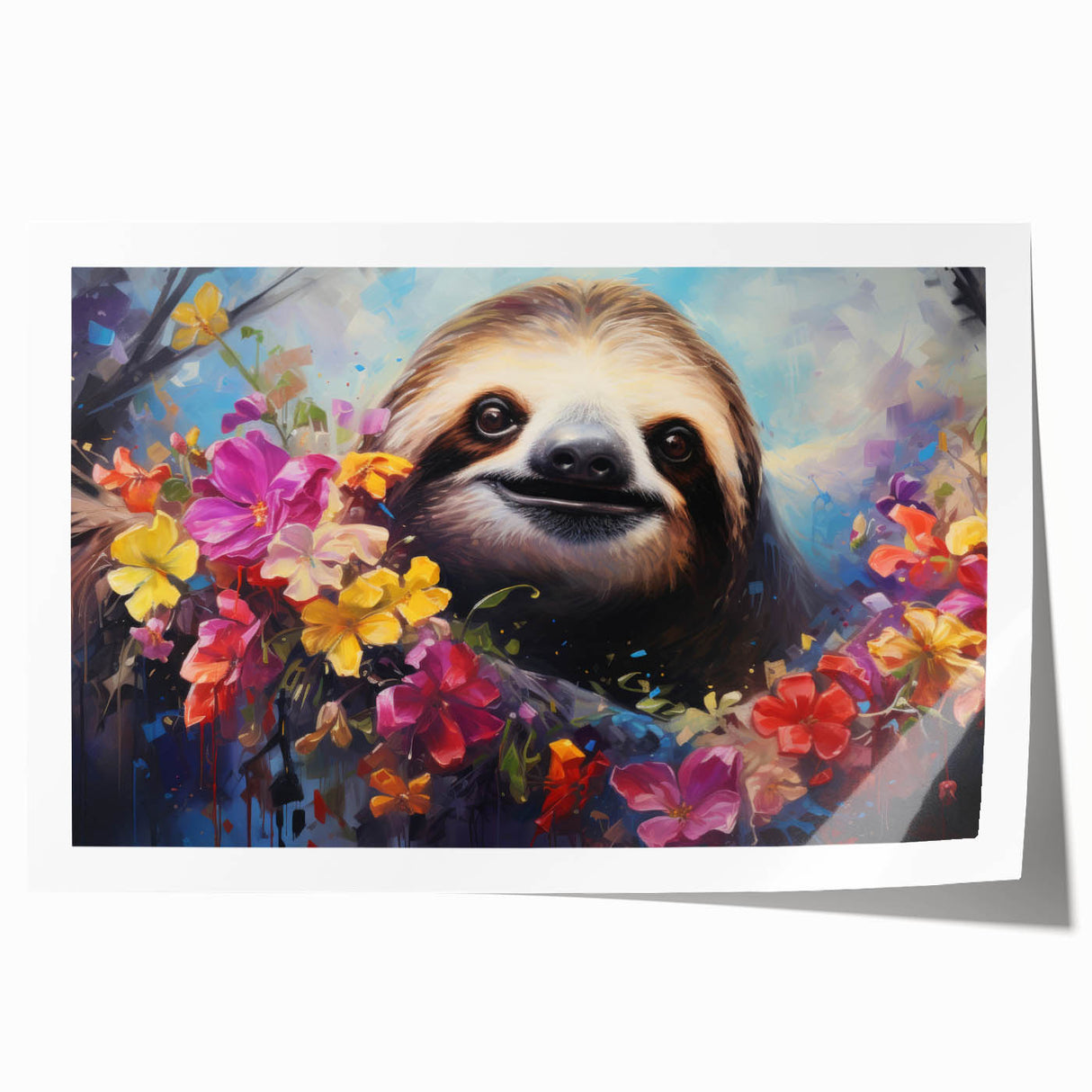 Sloth-themed wall art print featuring vibrant colors and intricate details, showcasing a serene sloth in a tropical setting, rolled for easy display and shipping.