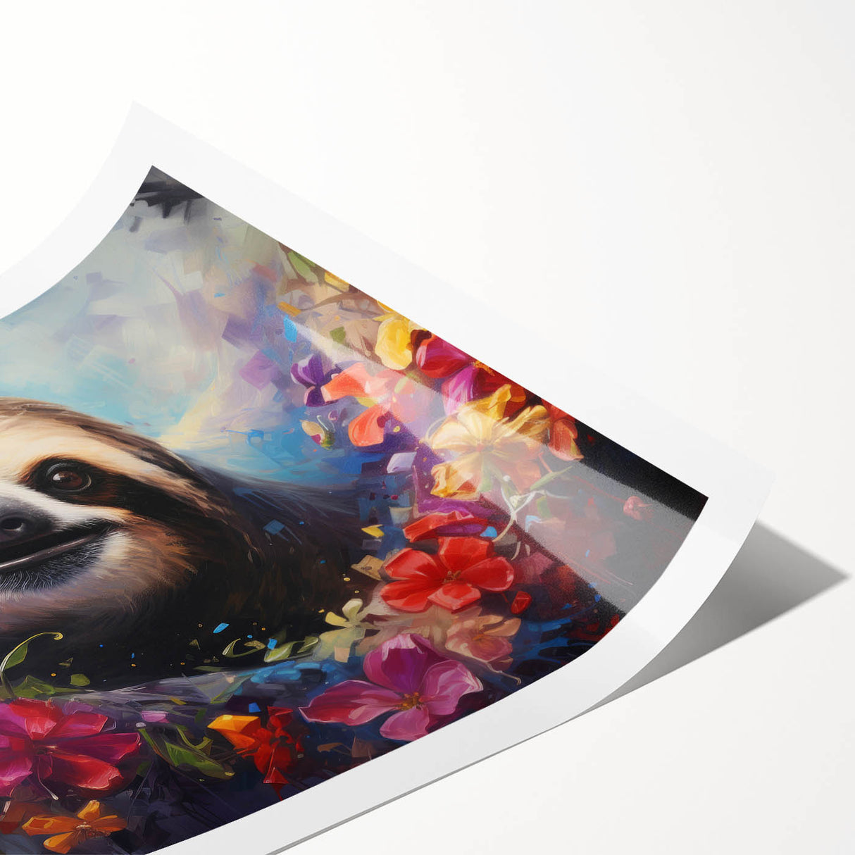 Sloth-themed wall art print featuring a vibrant, colorful design showcasing a sloth hanging from a branch, ideal for animal lovers and playful decor.