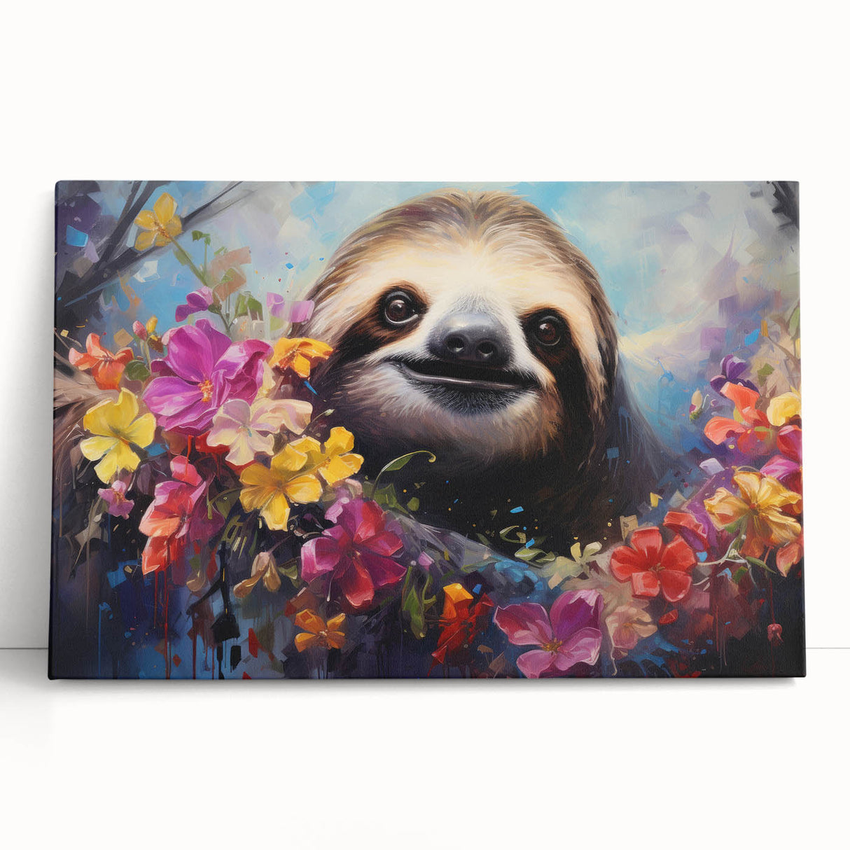 Sloth-themed wall art on stretched canvas, showcasing vibrant colors and intricate details, leaning against a stylish background, perfect for animal lovers' decor.