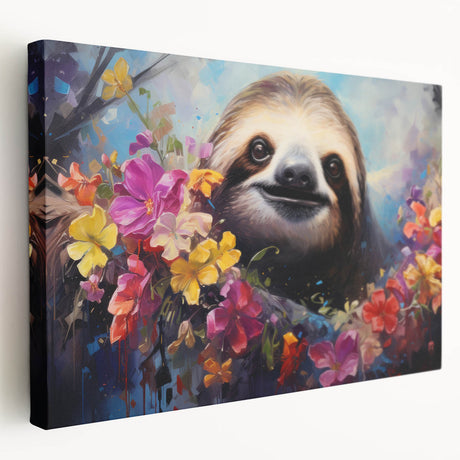 Side view of a stretched canvas wall art featuring a vibrant sloth design surrounded by tropical foliage, perfect for animal lovers and home decor enthusiasts.