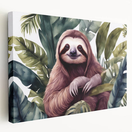 Sloth wall art on stretched canvas showcasing a side view of a vibrant sloth design, perfect for animal lovers and home decor enthusiasts. Ideal for adding a whimsical touch to any room.