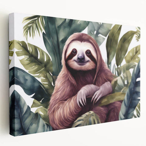 Sloth wall art on stretched canvas showcasing a side view of a vibrant sloth design, perfect for animal lovers and home decor enthusiasts. Ideal for adding a whimsical touch to any room.