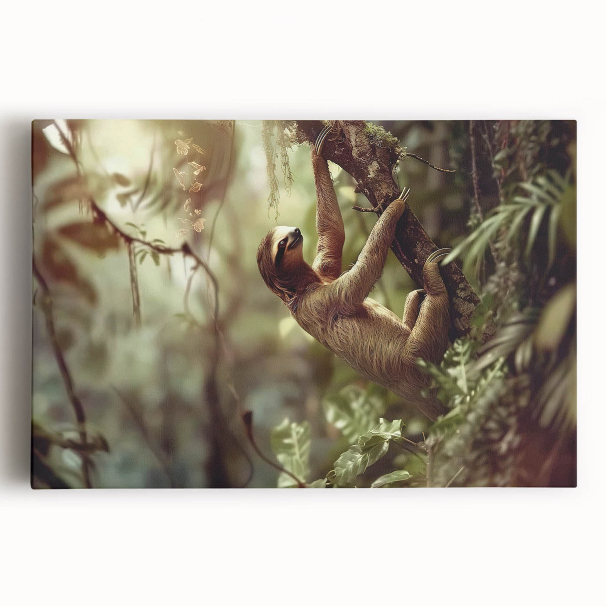 Stretched canvas wall art showcasing a vibrant sloth design set against a colorful jungle background, perfect for animal lovers and nature-themed decor.