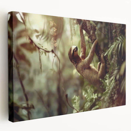 Side view of a stretched canvas wall art featuring a whimsical sloth design, showcasing vibrant colors and intricate details, perfect for animal lovers and home decor.