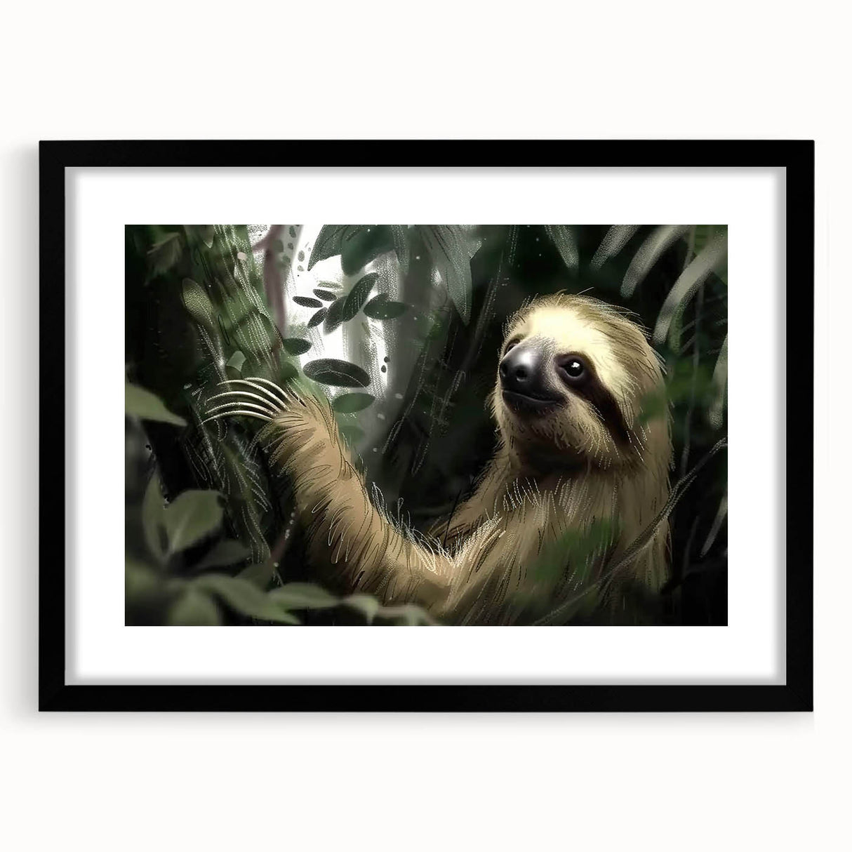 Black-framed wall art featuring a whimsical sloth design from the "Animals A Wild Life" collection, ideal for enhancing home decor with a playful touch.