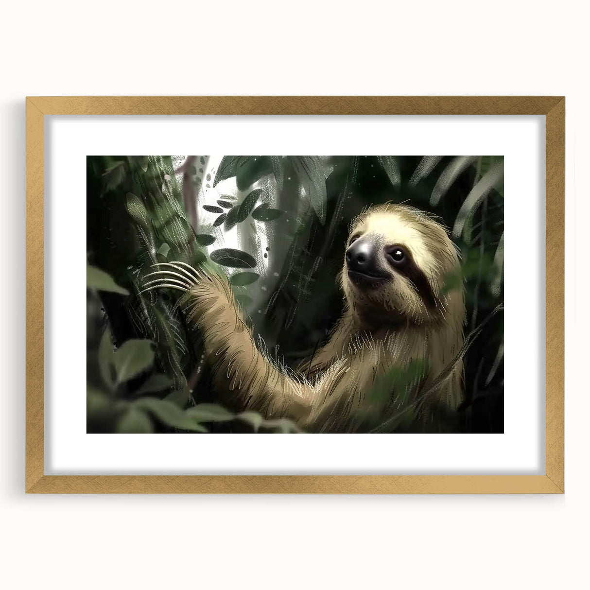 Sloth-themed wall art design in a gold frame, showcasing a whimsical sloth illustration with vibrant colors and a sleek mat, perfect for animal lovers' decor.