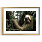 Sloth-themed wall art design in a gold frame, showcasing a whimsical sloth illustration with vibrant colors and a sleek mat, perfect for animal lovers' decor.