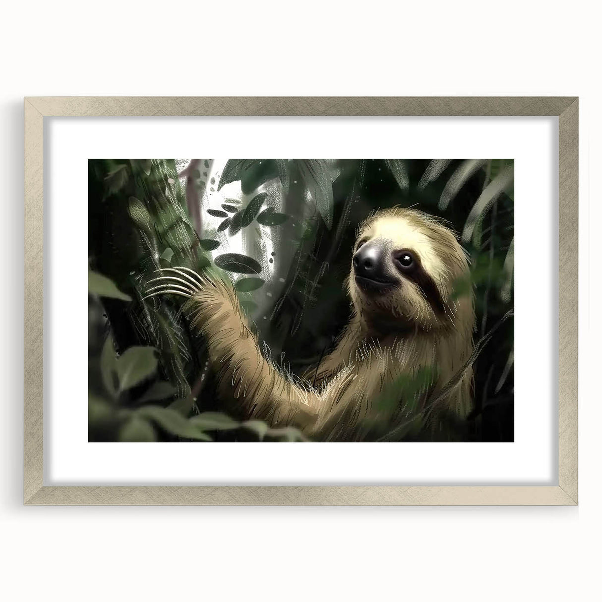 Framed wall art collection showcasing a sloth design, featuring a sleek silver frame and white matting, perfect for animal lovers and home decor enthusiasts.