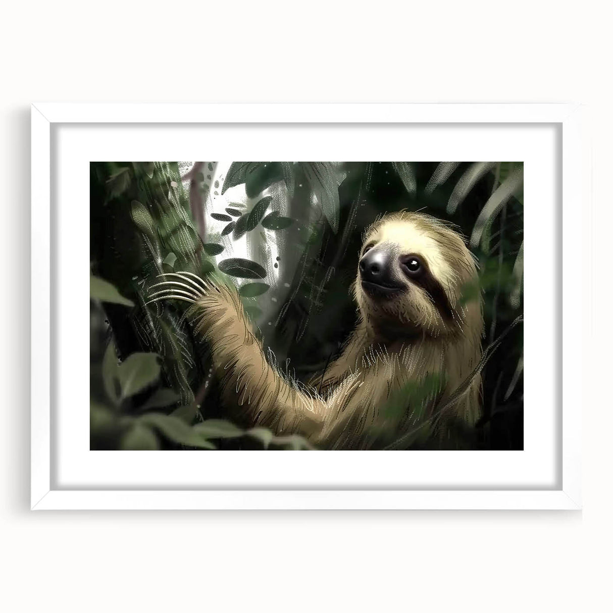 Sloth-themed wall art design framed in white, showcasing vibrant colors and intricate details, ideal for nature lovers and home decor enthusiasts.