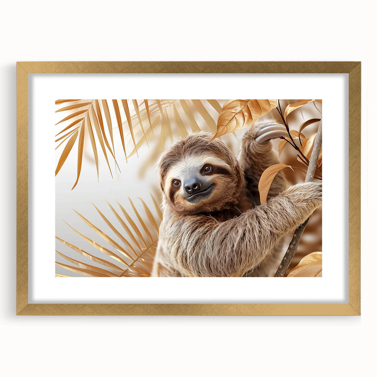 Framed wall art featuring a sloth design from the 'Animals A Wild Life' collection, showcasing a gold mat and elegant frame, perfect for nature lovers' home decor.