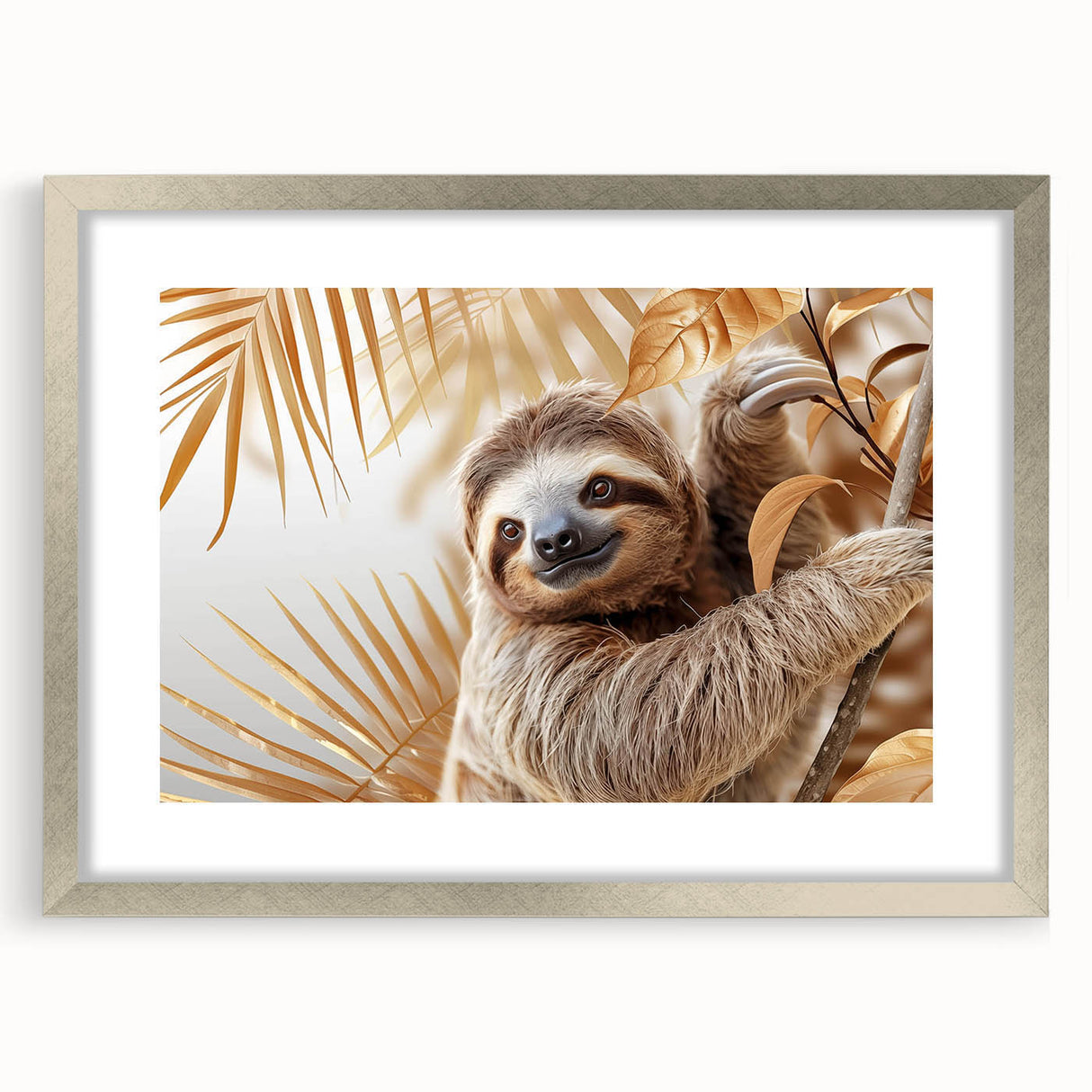 Sloth-themed wall art collection featuring a silver frame with a mat, showcasing vibrant colors and intricate details of a sloth in a lush jungle setting. Ideal for animal lovers and home decor enthusiasts.