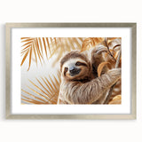 Sloth-themed wall art collection featuring a silver frame with a mat, showcasing vibrant colors and intricate details of a sloth in a lush jungle setting. Ideal for animal lovers and home decor enthusiasts.