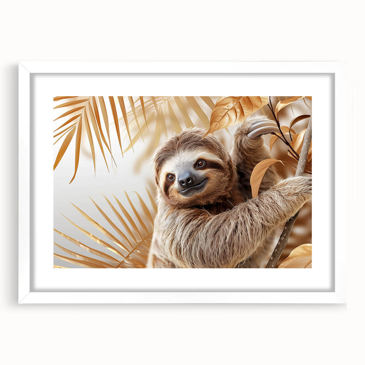 Sloth-themed wall art design in a white frame, featuring a whimsical illustration of a sloth hanging from a tree branch, ideal for animal lovers and home decor.