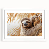Sloth-themed wall art design in a white frame, featuring a whimsical illustration of a sloth hanging from a tree branch, ideal for animal lovers and home decor.