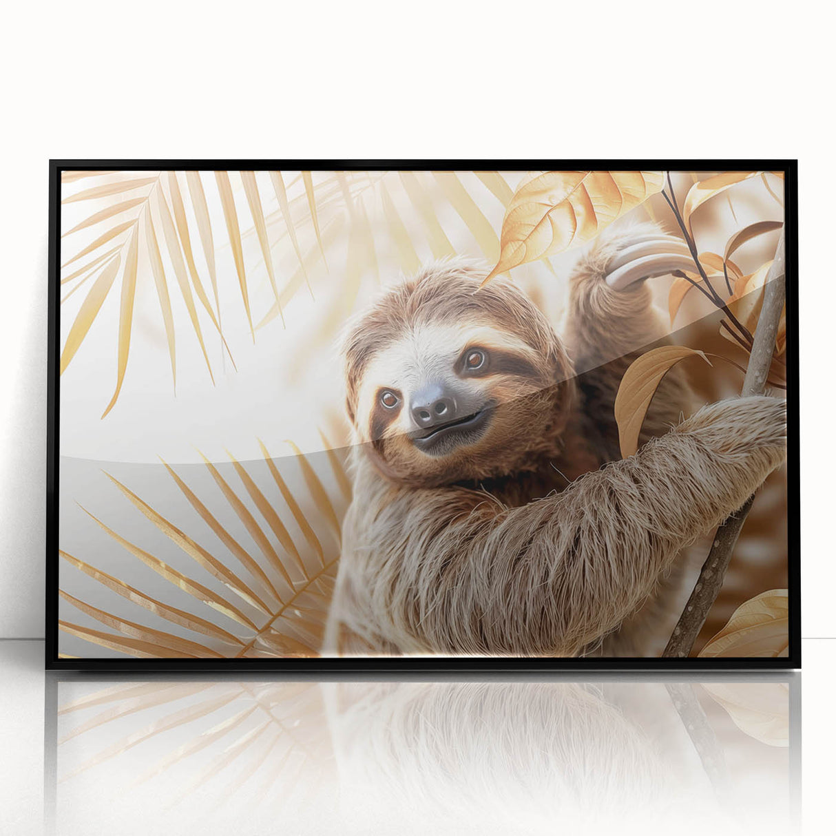 Framed acrylic wall art featuring a whimsical sloth design, showcased against a sleek black frame, perfect for adding a touch of charm to any room decor.