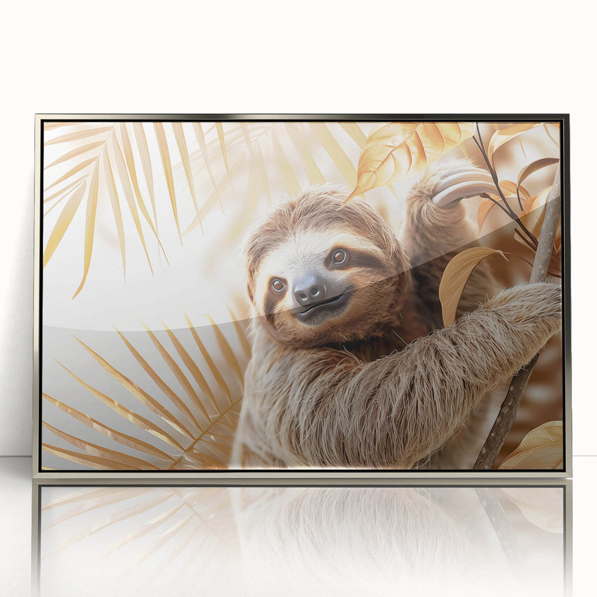 Framed acrylic wall art featuring a sloth design from the Animals A Wild Life collection, showcasing vibrant colors and a sleek silver frame, ideal for nature lovers.