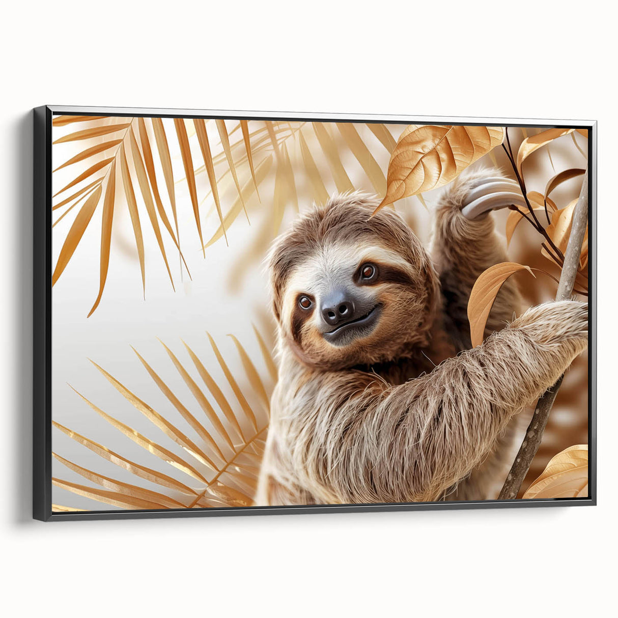 Framed wall art featuring a sloth design in vibrant colors, showcasing a side view against a black background, perfect for animal lovers and home decor enthusiasts.