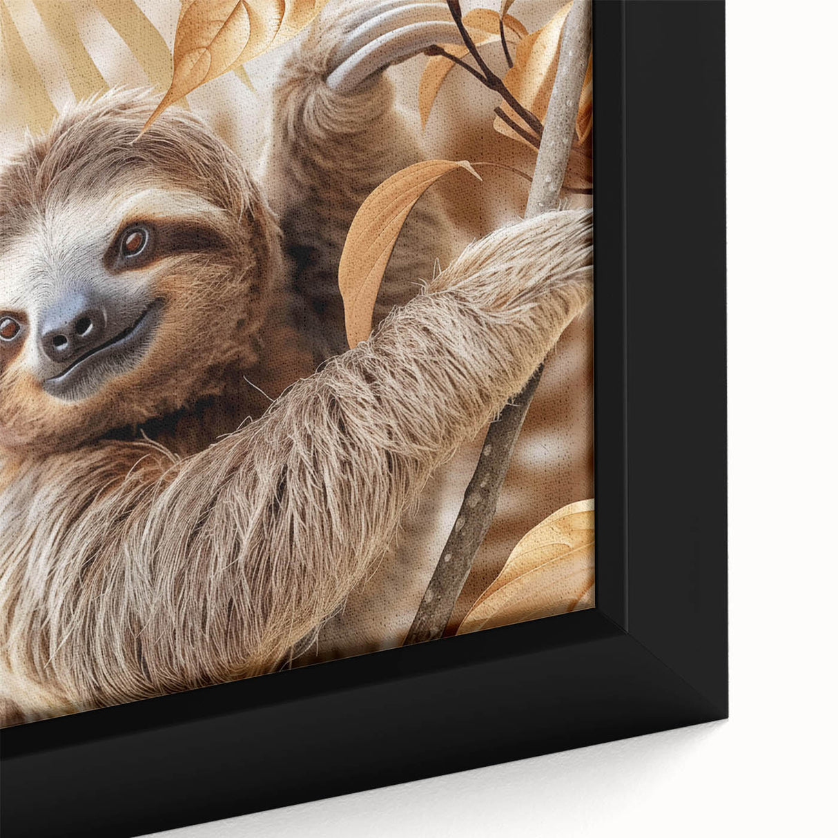 Close-up view of a framed canvas wall art featuring a sloth design, showcasing intricate details and vibrant colors, perfect for wildlife enthusiasts and home decor.
