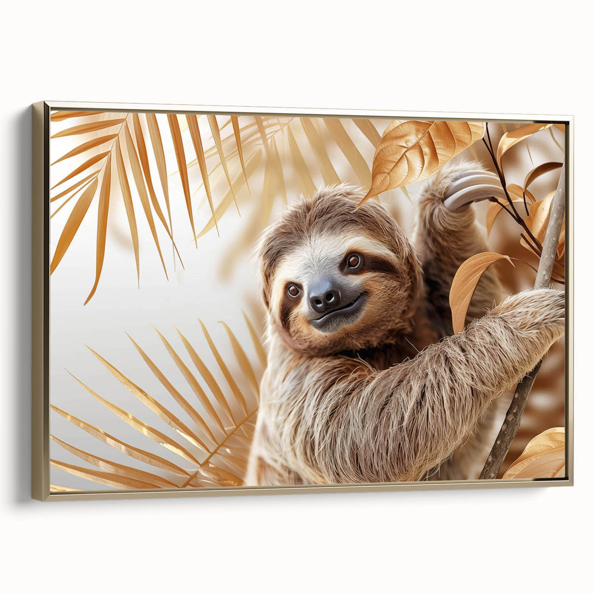 Framed canvas wall art featuring a sloth design against a gold background, showcasing intricate details and vibrant colors, perfect for animal lovers and home decor enthusiasts.