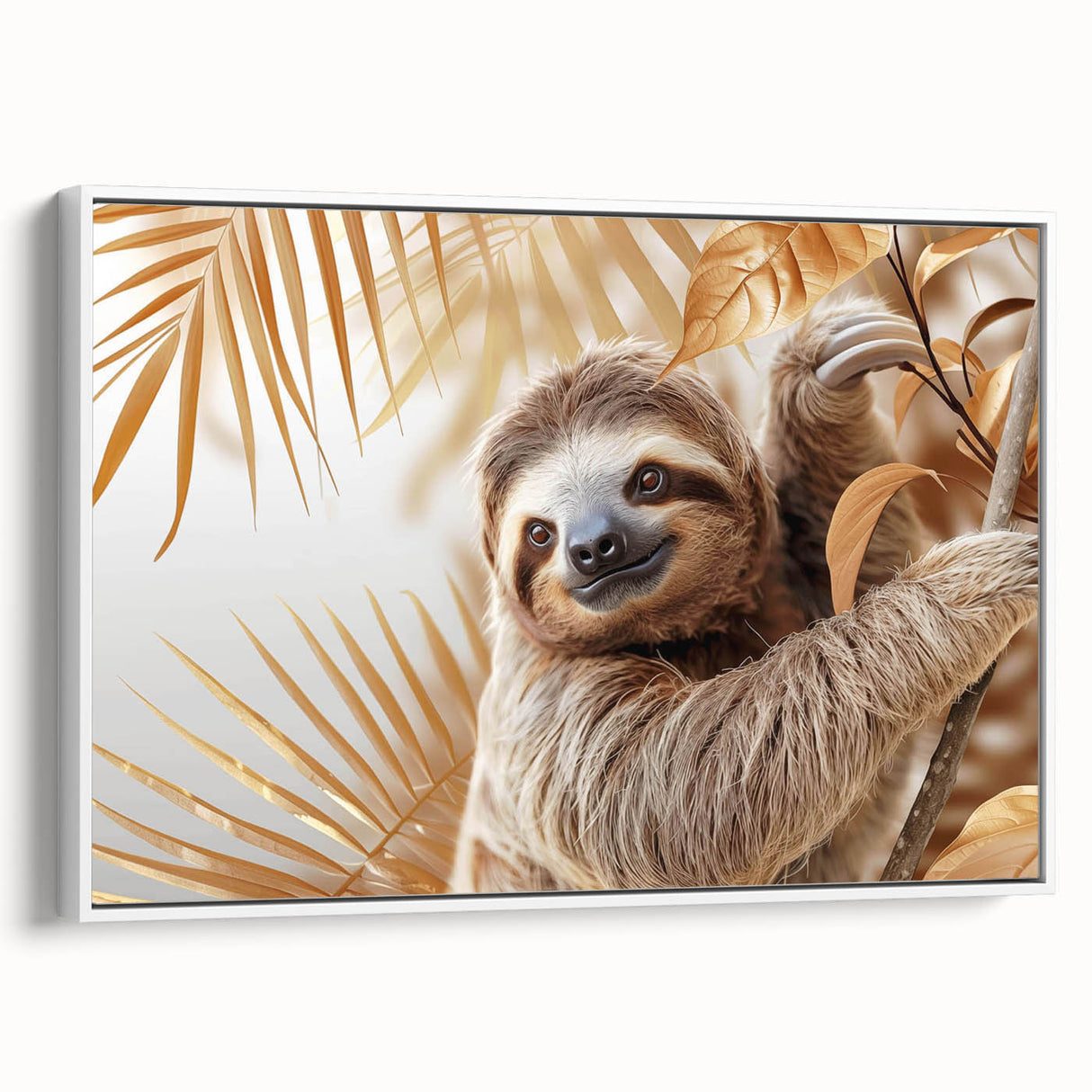 Framed canvas wall art featuring a charming sloth design in a white frame, showcasing vibrant colors and intricate details, perfect for animal lovers' decor.