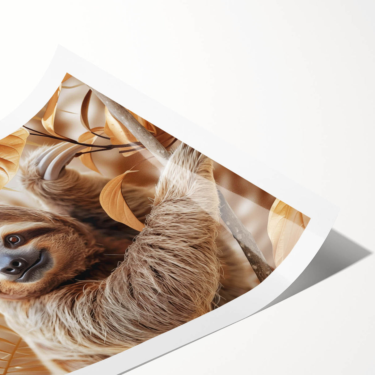 Sloth wall art design in vibrant colors, featuring a whimsical sloth hanging from a branch, ideal for animal lovers and home decor enthusiasts. Perfect for nursery or playful spaces, this rolled print showcases detailed illustrations, enhancing any room's aesthetic.