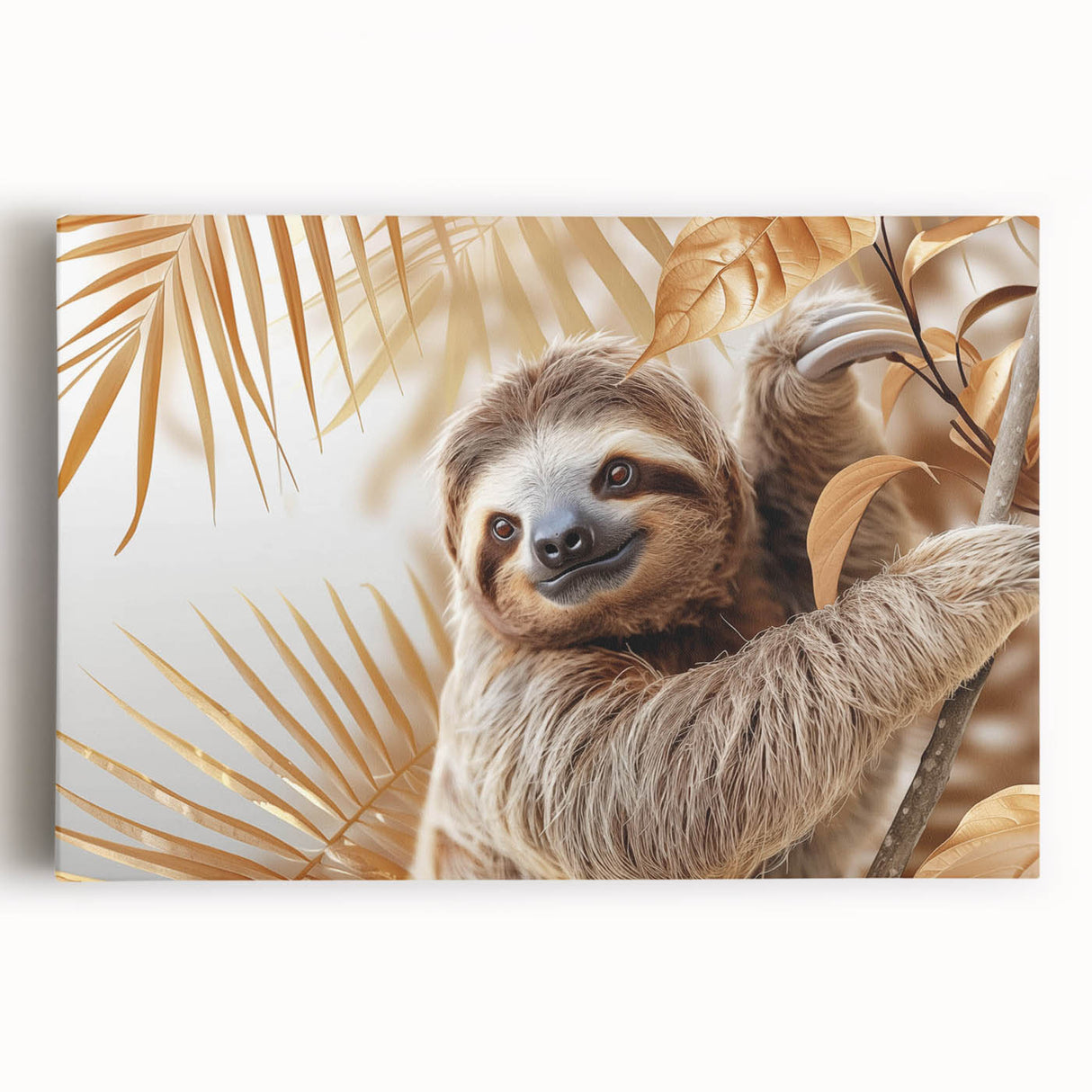 Sloth wall art piece on stretched canvas, showcasing a vibrant design with lush greenery, perfect for adding a whimsical touch to home decor.