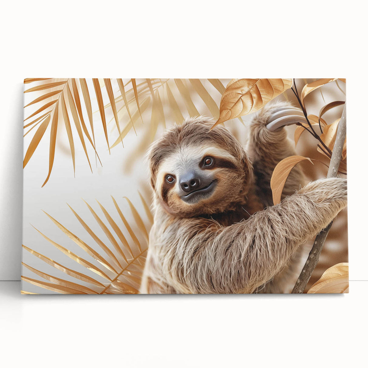 Stretched canvas wall art featuring a colorful sloth design, perfect for nature lovers, showcasing vibrant greens and playful animal imagery in a cozy setting.