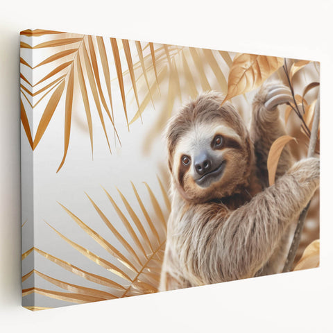 Side view of a stretched canvas wall art featuring a detailed sloth design, showcasing vibrant colors and intricate patterns, perfect for nature-themed decor.