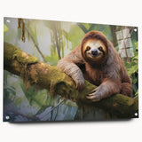 Side view of a sloth wall art piece displayed in a modern acrylic glass frame, featuring vibrant colors and intricate details, ideal for animal lovers' decor.