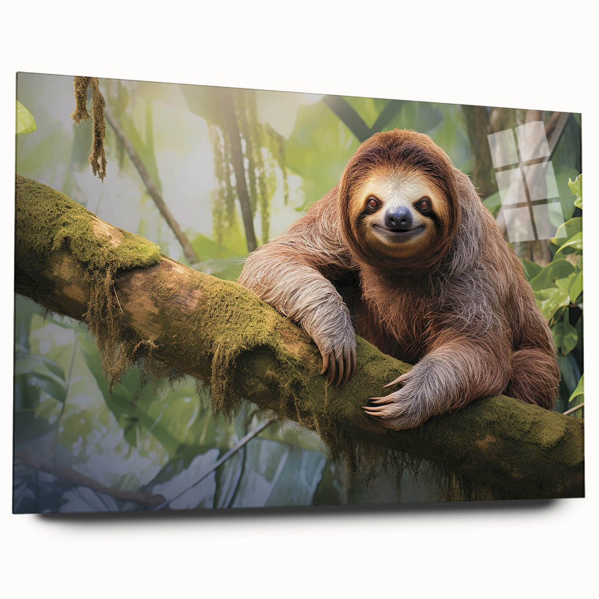 Side view of an acrylic glass wall art piece featuring a whimsical sloth design, showcasing vibrant colors and intricate details, perfect for animal lovers’ decor.
