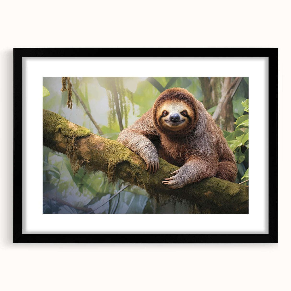 Sloth-themed wall art collection framed in black with a mat, showcasing a whimsical design that captures a playful sloth in a lush jungle setting, ideal for animal lovers.