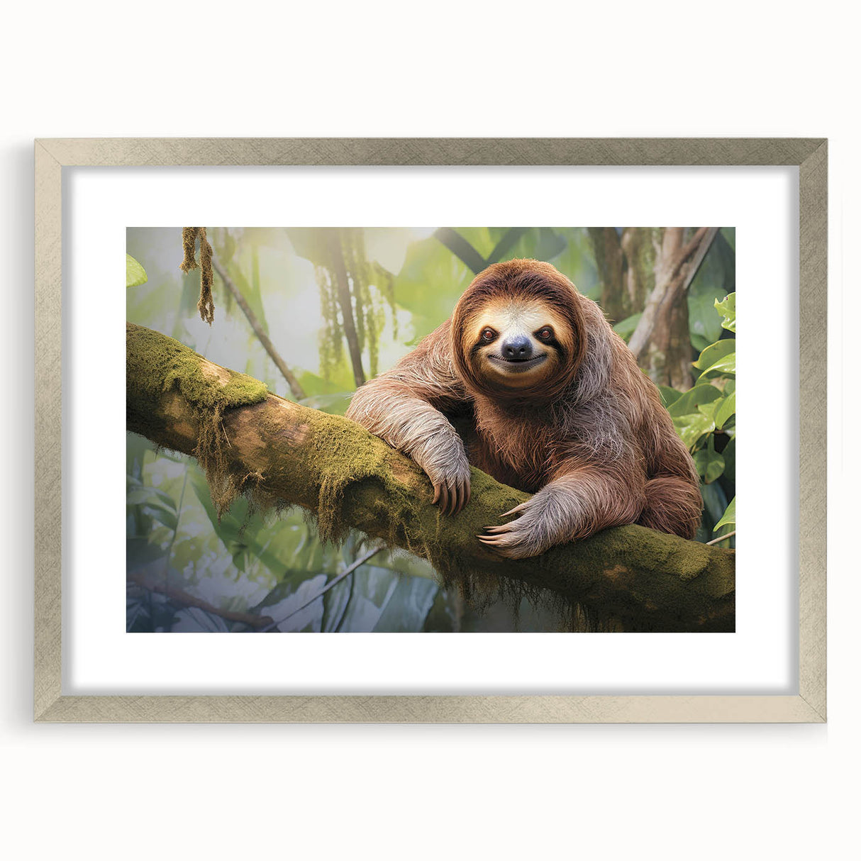Framed wall art featuring a sloth design from the "Animals A Wild Life" collection, showcasing a silver border and white matting for an elegant look. Perfect for nature-themed decor.