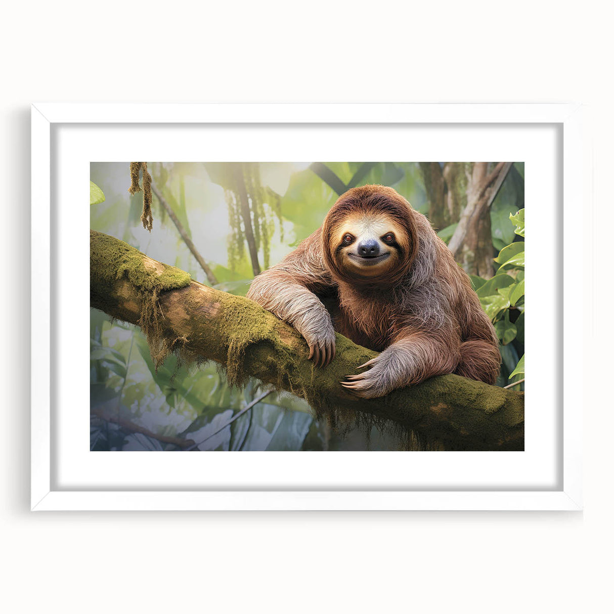 Sloth wall art design in a white frame with matting, showcasing a whimsical and colorful illustration ideal for animal lovers and home decor enthusiasts.