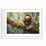 Sloth wall art design in a white frame with matting, showcasing a whimsical and colorful illustration ideal for animal lovers and home decor enthusiasts.