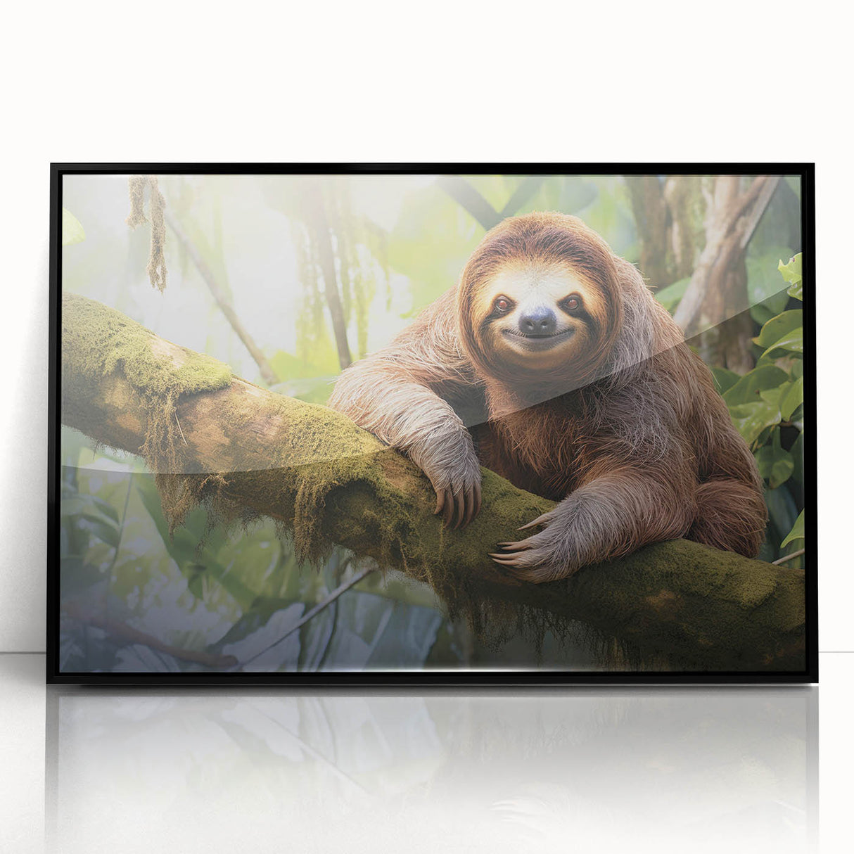 Framed wall art featuring a sloth design from the "Animals: A Wild Life" collection, presented in a sleek black frame with acrylic front, ideal for nature lovers.