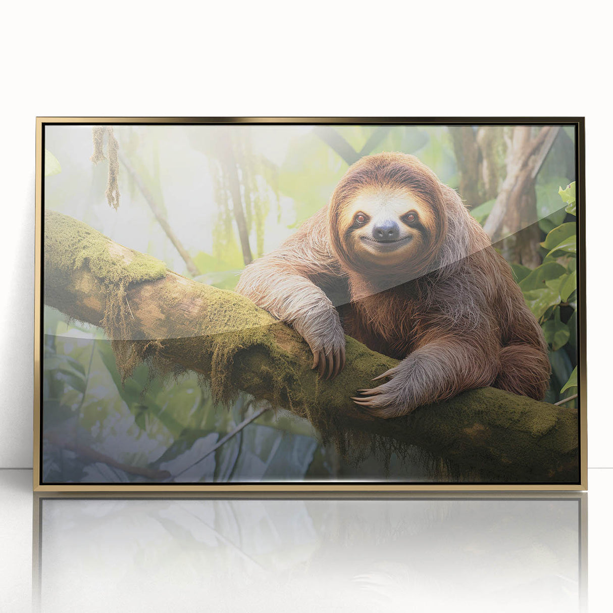 Framed wall art featuring a stylish sloth design with a gold-acrylic finish, showcasing vibrant colors and intricate details, perfect for animal lovers' decor.