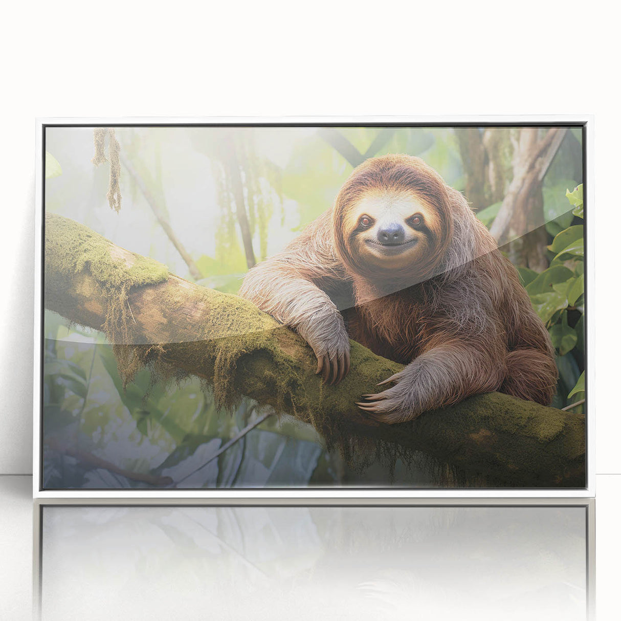 Framed wall art featuring a sloth design from the "Animals: A Wild Life" collection, showcasing vibrant colors and a modern white frame, perfect for nature-themed decor.